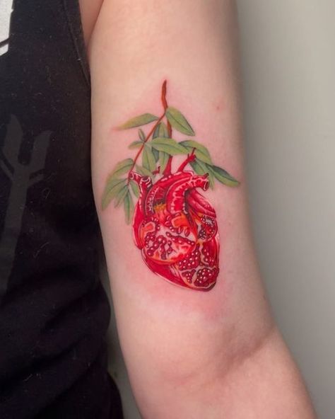 Pomegranate Stamp Tattoo, Pomegranate Heart Tattoo, Pomegranate Tree Tattoo, Pomegranate Tattoo Black And White, Pomegranate Flower Tattoo, Realism Sleeve, Fruit Tattoos, Pomegranate Heart, Pomegranate Tattoo