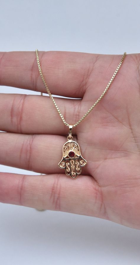 Filigree Jewelry Gold, Red Ruby Necklace, Hamsa Necklace Gold, Fatima Hand, Spiritual Necklace, Hamsa Jewelry, Gold Hamsa, Hamsa Pendant, Small Necklace