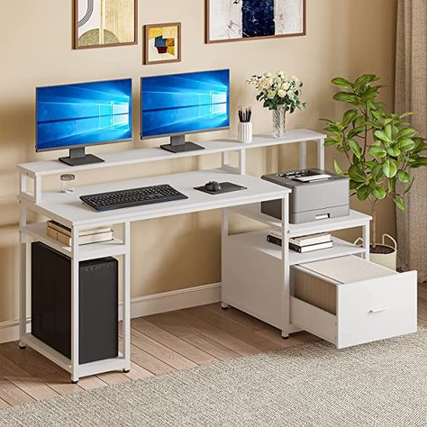 Amazon.com: Sedeta Computer Desk with File Cabinet Drawer and Storage Shelves, 66'' Large Home Office Desk with Hutch and Printer Shelf, Computer Table Study Writing Desk Workstation with Monitor Shelf, White: Furniture & Decor Office Desk With Printer Storage, Study Table With Printer Space Ideas, Computer Table With Shelves, Computer Table Design With Printer, Desk With Printer Shelf, Computer Table With Book Shelf, System Table Design, Printer Table Ideas, Desk With Printer Storage