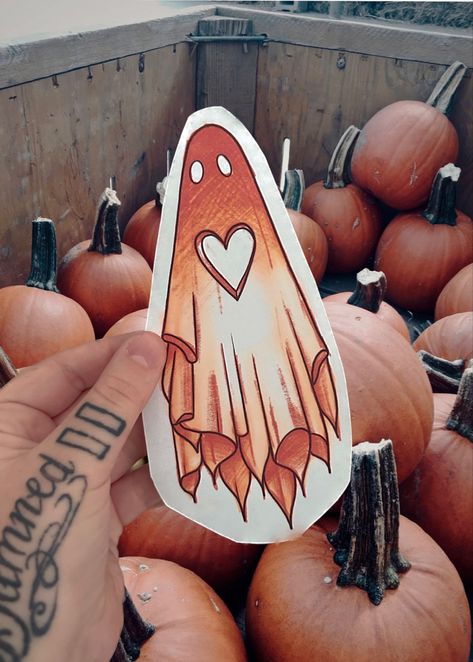 A tattoo design of an orange ghost with a background of pumpkins American Traditional Ghost Tattoo, Traditional Ghost Tattoo, Spooky Ghost Tattoo, Ghost Tattoo Design, Ghost Tattoo, Spooky Ghost, Neo Traditional, American Traditional, Traditional Tattoo