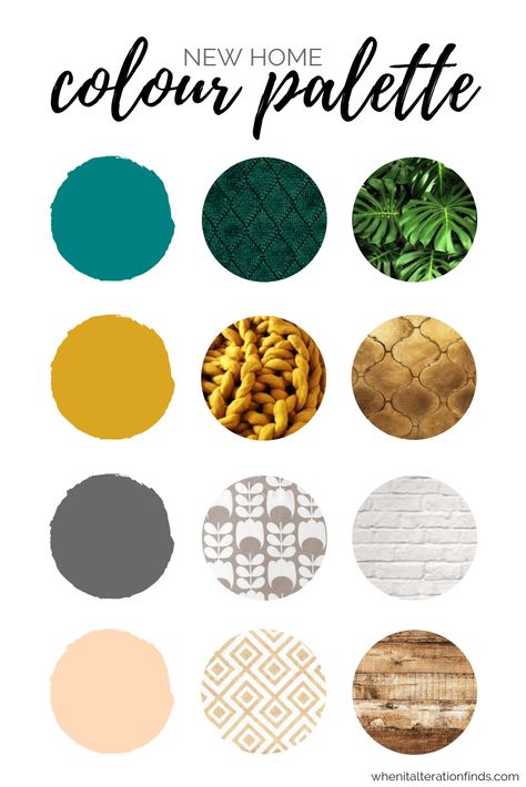 Teal, mustard yellow, grey and blush pink colour palette | When It Alteration Finds Mustard Bedroom, Home Color Palette, Teal Living Rooms, Color Palette Living Room, Room Color Schemes, Living Room Green, Home Color, Kitchen Diner, Room Remodeling