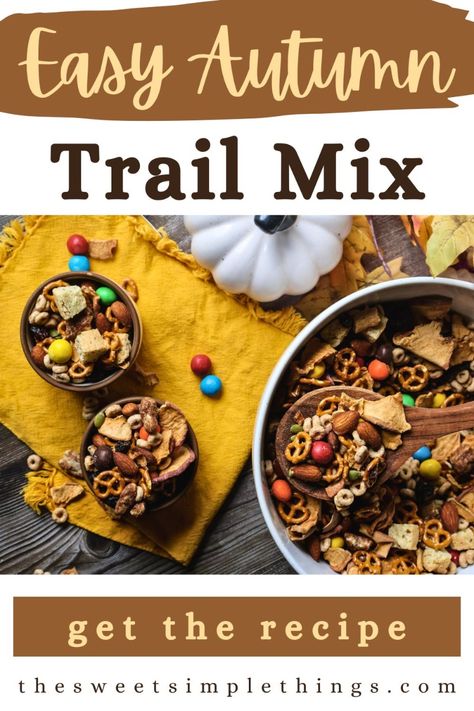 Discover the magic of autumn with this cozy autumn trail mix recipe! It's the perfect sweet and salty snack mix that combines all the best fall flavors, making it a must-try for your fall recipes collection. Autumn Snack Mix Recipe, Fall Trail Mix Recipe, Fall Meals Healthy, Fall Snack Mix Recipes, Recipes For Dinner Fall, Dinner Fall Recipes, Homemade Trail Mix Recipes, Pumpkin Spice Cheerios, Healthy Fall Meals