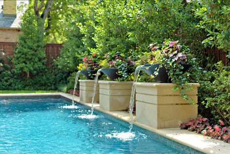 Interior Design Ideas - Home Bunch - An Interior Design & Luxury Homes Blog Pool Waterfall Diy, Swimming Pool Design Ideas, Waterfall Ideas, Water Fountain Design, Pool Design Ideas, Swimming Pool Landscaping, Colorful Planters, Pool Water Features, Home Bunch