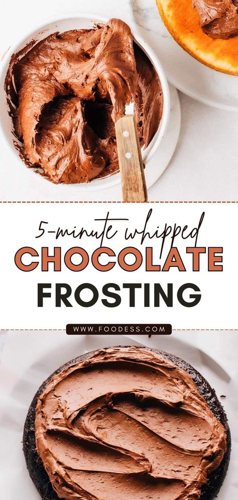 Whip up the best chocolate frosting in just 5 minutes! This frosting recipe is easy and quick to make with simple ingredients like butter, sugar, cocoa powder and whipping cream. It has the perfect texture - light, soft, fluffy and not too sweet. Use this homemade whipped chocolate frosting for all your favorite sweet treats and desserts, from brownies and cakes to cupcakes and cookies. Find the recipe + frosting video on my blog. Also includes tips to make the perfect frosting every time! Chocolate Fresh Cream Frosting, Whip Cream Chocolate Frosting, Chocolate Frosting Without Cocoa Powder, Not So Sweet Chocolate Frosting, Chocolate Frosting Whipped, Light And Fluffy Chocolate Frosting, Chocolate Wiped Cream Frosting, Best Chocolate Frosting Recipe, Whipped Icing Recipes