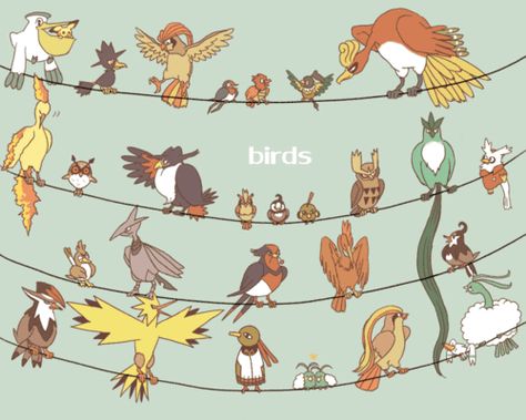 Pokemon - Birds (I don't think the birds from the sinnoh region are here..) Pokemon Tumblr, Flying Type Pokemon, Bird Pokemon, Apple Lessons, Flying Type, Team Instinct, Bird Types, Pokémon Art, Type Pokemon