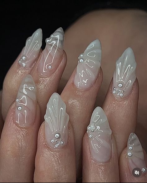 Beach Bridal Nails, Milky White Marble Nails, White Pearl Nails, Siren Nails, Icy Nails, Shell Nails, Wedding Manicure, Angel Nails, Romantic Nails