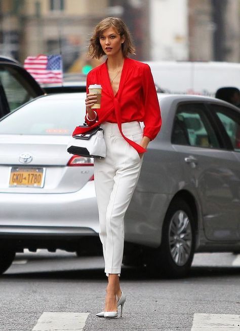 10 Different Ways To Wear Red On Valentines - Blogrope Red Blouse Outfit, Red Shirt Outfits, Karlie Kloss Style, Red Dress Outfit, Karlie Kloss, Red Blouse, Elegante Casual, Stylish Work Outfits, Bow Blouse