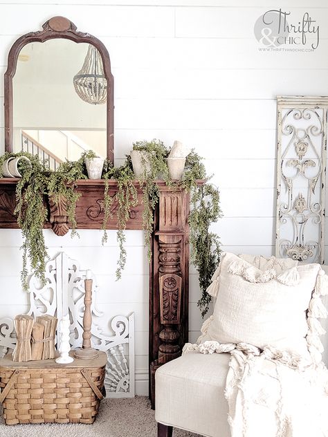 Cottage Easter Decor, Cottage Spring Decor, Spring Decor Ideas For The Home, Summer Mantle Decorating Ideas, Spring Farmhouse Mantle Decor, Spring Mantle Decor With Tv, Vintage Spring Mantle Decor, Wood Beam Mantel Fireplace Springtime, Spring Mantle Decorating Ideas