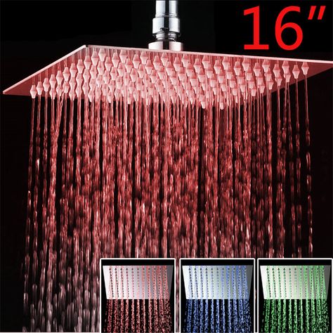 YANKSMART 3 Colors LED Luxury LED Shower Set Square Rain 16" Shower Head Shower Sprayer With The Control Valve Shower Set Rainbow Shower Ideas, Shower Head Ceiling, Shower Lights, Romantic Bathrooms, Toilet Ideas, Led Shower Head, Bathroom Led, Bathroom Shower Heads, Bathroom Shower Design