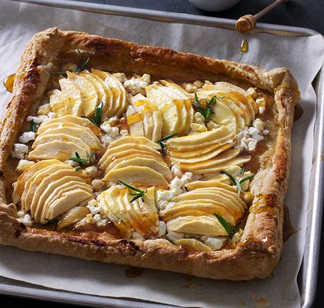 Apple, Goat Cheese & Honey Puff Pastry Tart | Laura Chenel Honey Puff Pastry, Apple Goat Cheese, Puff Pastry Recipes Dinner, Goat Cheese Crumbles, Goat Cheese Honey, Honey Puffs, Beet And Goat Cheese, Puff Pastry Appetizers, Goat Cheese Tart