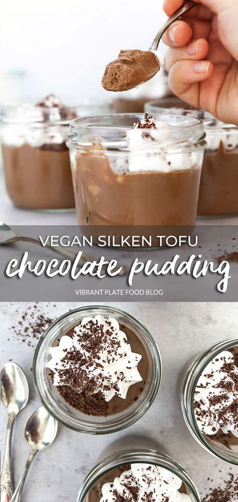 Vegan Tofu Chocolate Pudding is an easy protein-rich dessert that only takes minutes. Vegan & Gluten-Free, it uses silken tofu as its base. Silken Tofu Chocolate Pudding, Silk Tofu Dessert, Silken Tofu Mousse, Silken Tofu Pudding, Silken Tofu Recipes, Tofu Dessert, Vegan Chocolate Pudding, Tofu Pudding, Vegan Pudding