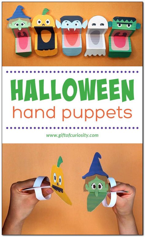 Halloween Hand Puppets: Your children will love creating their own Halloween Hand Puppets! These puppets will provide hours of fun as your children engage in pretend play with these fun Halloween creatures with BIG mouths. || Gift of Curiosity #giftofcuriosity #Halloween #homeschool #preschool #kindergarten Halloween Hand Puppets, Hand Puppets For Kids, Halloween Learning Activities, Halloween Homeschool, Big Mouths, Kids Sensory Play, Halloween Resources, Halloween Creatures, Puppets For Kids