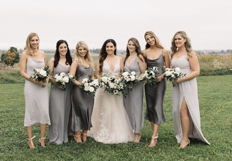 Gray Bridesmaid Dresses Mismatched, Gray Mismatched Bridesmaid Dresses, Mixed Grey Bridesmaid Dresses, Shades Of Grey Bridesmaid Dresses, Dark Silver Bridesmaid Dresses, Gunmetal Bridesmaid Dresses, Coffeehouse Wedding, Dark Gray Bridesmaid Dresses, Gray Bridal Party