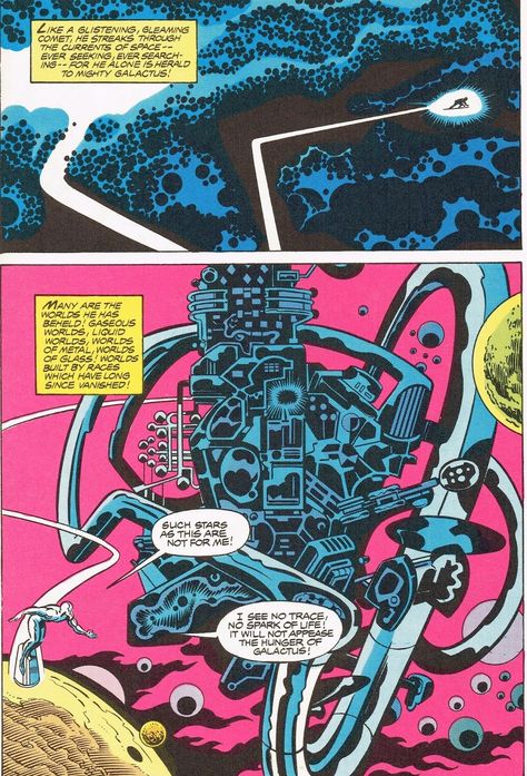 Colored Cosmic Grandeur and Crackling Kirby Crackles. Kirby Crackle, The Silver Surfer, Graphic Novel Cover, Jim Steranko, Jack King, Jack Kirby Art, Scifi Fantasy Art, Kirby Art, Comic Book Pages