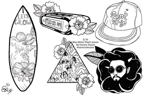 Mac Miller Flash Sheet, Mac Miller Inspired Tattoos, Fisherman Tattoo, James Tattoo, Mac Miller Tattoos, Truck Tattoo, Flash Sheets, Arm Tats, Artist Tattoo