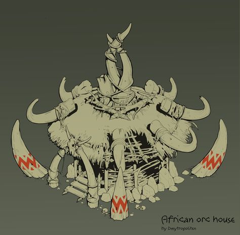 Isometric african orc house, Dmytro Dovgan on ArtStation at https://www.artstation.com/artwork/vozoD Stonepunk Aesthetic, Orc Architecture, Orc Building, Goblin Art, African House, African Theme, Architecture Landmark, Building Art, Game Concept Art