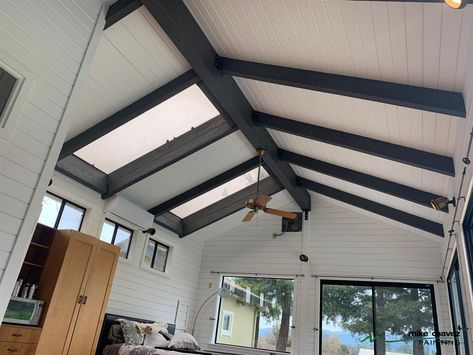 White Ceiling Black Beams, Black Beams White Ceiling, Black Beams Ceiling, Black Beams Living Room, Black Exposed Ceiling, Black Ceiling White Walls, Black Ceiling Beams, White Wooden Ceiling, Black And White Ceiling