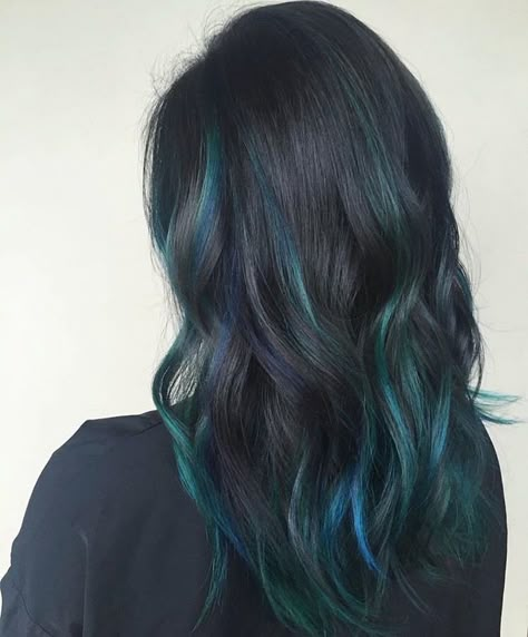 Dark Hair With Green Underneath, Teal Hair Brunette, Black Hair With Teal Tips, Blue And Green Highlights In Brown Hair, Brunette With Green Highlights, Teal Streaks In Black Hair, Black Hair With Blue Balayage, Dark Green Highlights In Black Hair, Turquoise Highlights On Black Hair