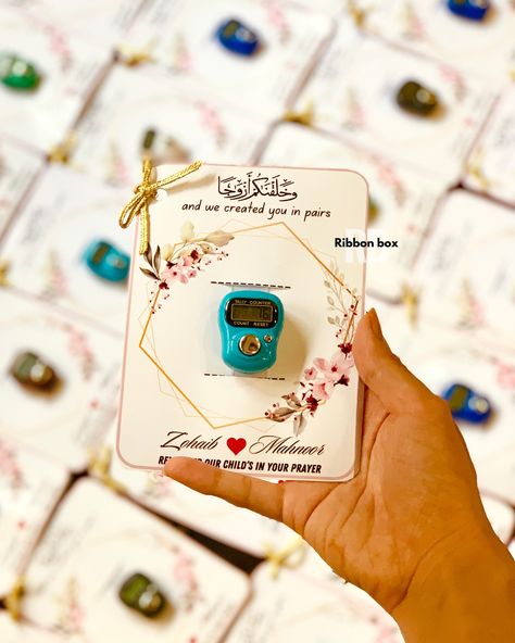 Customized Tasbeeh Counter Favors 💌✨🎀 Ribbon box | Counter Favors | Tasbeeh | Nikkah | Nikkah Ceremony | Wedding | Pakistani Wedding | Indian Wedding | Wedding Ideas | Favors Desi Wedding Favors, Bid For Nikkah, Nikkah Favors, Nikkah Boxes, Nikkah Pen, Bid Boxes For Nikkah, Nikkah Favour Boxes, Black Abaya Designs, Ribbon Box