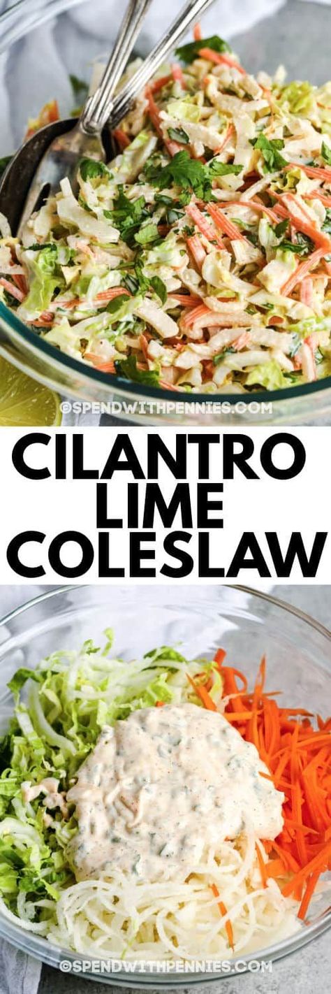 This Cilantro Lime Coleslaw is a delicious side dish with crisp, fresh veggies and a savory sauce! It comes together in just minutes, making it the perfect side dish! #spendwithpennies #cilantrolimecoleslaw #recipe #sidedish #fresh #homemade Slaw No Mayo, Lime Coleslaw Recipe, Cilantro Lime Coleslaw, Interesting Salads, Lime Coleslaw, No Mayo Coleslaw, Classic Coleslaw Recipe, Mayo Salad, Lime Slaw