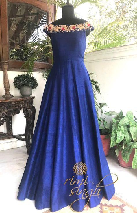 "You are a light. And when you shine , you shine bright."  Midnight blue off shoulder, floor length gown in pure raw silk zardozi embroidery...  Available exclusively at  Rimi Singh Studio A 999 Sushant Lok 1  Gurgaon  #9818310054 Raw Silk Gown, Zardozi Embroidery, Birth Day, Long Gown Dress, Prom Long, Indian Gowns Dresses, Long Frocks, Indian Gowns, Blouse Design Models