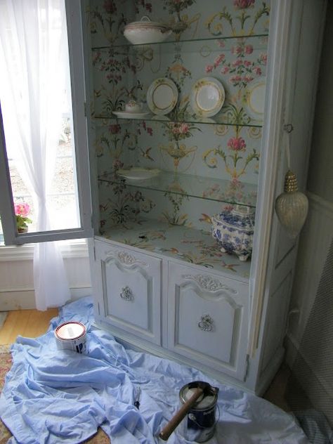 Wallpaper China Cabinet, Wallpaper Inside Cabinets, Garden Nursery Ideas, Fairy Garden Nursery, Refinished China Cabinet, French Provincial China Cabinet, Shelves With Drawers, Desk Armoire, China Cabinet Ideas