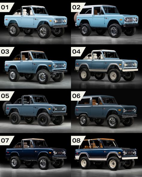 The Velocity Ford Bronco looks great in any color, but which of these blue Broncos is your favorite? Bronco Mods, Ford Bronco Vintage, Bronco Vintage, Vintage Ford Bronco, 1973 Ford Bronco, Bronco Concept, Old Ford Bronco, 1978 Ford Bronco, Broncos Colors