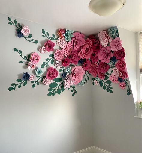 DIY, Paper flowers, toddler room, toddler girl room, floral, floral decorations, paper art, wall art, wall flowers, paper flowers, paper, garden room, flower room, Wall Flowers Paper, Paper Flower On Wall, 3d Floral Wall Art Paper Flowers, Cardstock Wall Decor, Corner Wall Flower Decor, Paper Flower Room Decor, 3d Flower Wall Decor Diy, Flowers On Bedroom Wall, Diy Flowers On Wall