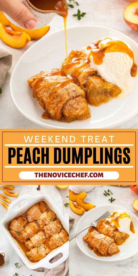 Easy-yet-decadent Peach Dumplings will melt in your mouth! Topped with rich brown butter caramel sauce, these dumplings will have your family begging for seconds. Easy Peach Dumplings, Your Mouth Your, Butter Caramel Sauce, Brown Butter Caramel, Peach Dumplings, Peach Dessert Recipes, Creamy Pudding, Butter Caramel, Dumplings Recipe