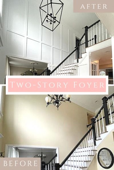 Two Story Molding, Wainscoting Ideas Foyer Entryway, Tall Wainscoting Entryway, Wainscoting Ideas Entryway Stairways, Entryway Two Story Foyer, 2 Story Foyer Artwork, Living Room 2 Story Ceiling, Foyer Landing Decor, 2 Story Foyer Paneling