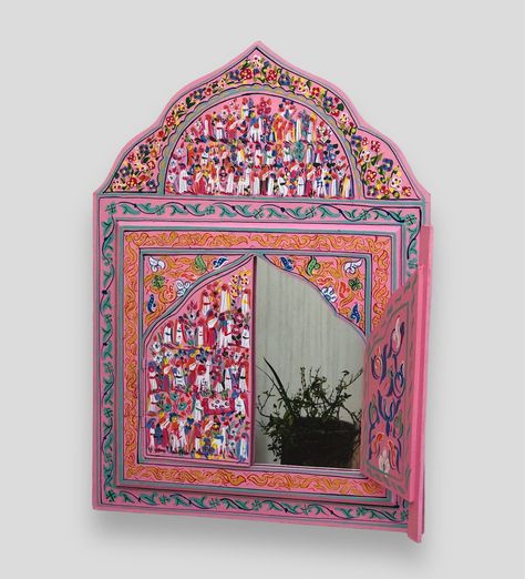 "Looking for a cute unique mirror? This Pink Hand Painted Moroccan mirror is one of the best choices. (100% painted by hand) It can do wonders for your home decoration, These gorgeous mirrors are made in the beautiful red city of Marrakech famous for this style of decorative mirrors called \"Tazawakt\". The ARABESQUE style (ornamental design of intertwined flowing lines originally found in Arabic and Moorish decoration) is both an artistic and colorful addition to your wall decor. It is handmade, which makes it unique. A gorgeous housewarming gift! This mirror is simply a cute and a unique choice for just about any room in the house from the entryway to the bedroom and is a great home decor piece or even a gift for special occasions. Order it today! <--------SPECIFICATIONS-------> *- Size: Mexican Mirror, Mexico Interior, Vintage Hand Painted Furniture, Window Frame Mirror, Pichwai Art, Moroccan Mirror, Unique Mirror, Painted Mirror, Red City