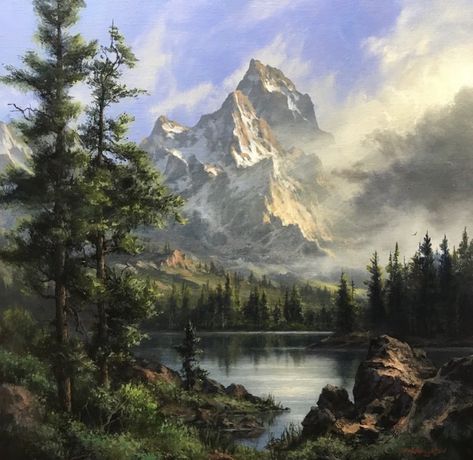 Scenery Painting Mountain, Large Mountain Painting, Realistic Mountain Painting, Paint On Canvas For Beginners, Mountain Lake Landscape Painting, Landscape Oil Paintings Mountain, Kevin Hill Paintings, Mountain Oil Painting, Mountain Painting Acrylic