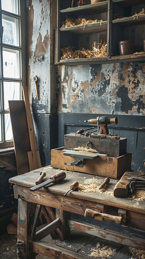 Vintage Carpentry Shop: A well-used carpentry bench cluttered with tools indicates a space where creation takes shape. #workshop #vintage #woodworking #tools #bench #craftsmanship #rustic #artisanal #aiart #aiphoto #stockcake https://ayr.app/l/LCzS Woodworker Aesthetic, Wood Workshop Aesthetic, Workbench Aesthetic, Wood Working Aesthetic, Carpentry Aesthetic, Woodworking Aesthetic, Victorian Workshop, Workshop Aesthetic, Rustic Workshop