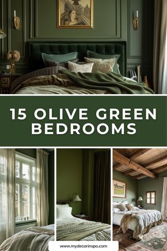 Get inspired by these beautiful olive green bedrooms that combine stylish design and comfort to transform any space into a cozy retreat. Green Bedroom Cozy, Bedroom Overview, Moody Green Bedroom, Hunter Green Bedrooms, Green Bedroom Interior, Forest Green Bedrooms, Green Bedroom Colors, Green Room Ideas Bedroom, Green Bedroom Paint