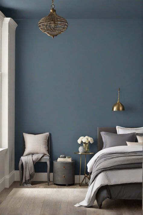 bedroom design, interior designers, paint color trends, interior decorating Blue Bedroom Feature Wall, Smokey Blue Accent Wall Bedroom, Mineral Blue Bedroom, Dusty Blue Bedroom Walls, Dusty Blue Accent Wall Bedroom, Charcoal Blue Bedroom, Behr Blue Gray Paint Colors Bedroom, Cosy Bedroom Colours, Blue Bedroom Color Palette