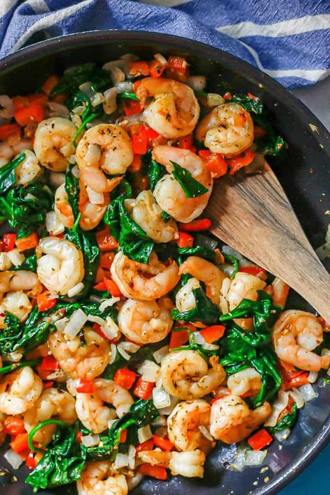 This quick and easy Mediterranean shrimp skillet is a one-pan dinner ready in about 20 minutes! It’s great over couscous or rice or orzo. Quick Mediterranean Lunch, Shrimp And Couscous Recipes, Shrimp Couscous Recipes, Shrimp Mediterranean Recipes, Mediteranian Dishes, Mediterranean Shrimp Recipes, Healthy Tuna Noodle Casserole, Shrimp And Spinach Recipes, Mediterranean Shrimp Recipe