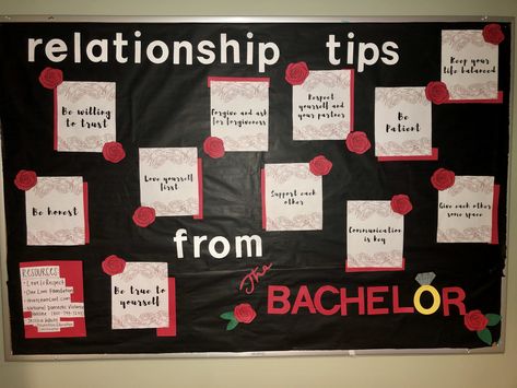 RA bulletin board for the month of February. Bachelor themed bulletin board. Ra February Bulletin Boards, February Ra Bulletin Boards, Relationship Bulletin Board, Residence Life Bulletin Boards, Resident Assistant Door Decs, Res Life Bulletin Boards, Resident Assistant Bulletin Boards, February Bulletin Boards, Creative Bulletin Boards