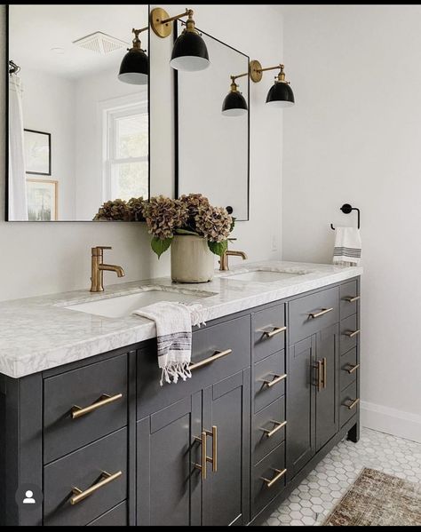 Primary Bathroom Remodel, Black And Gold Bathroom, Black Vanity Bathroom, Hex Tile, Contemporary Craftsman, Eclectic Farmhouse, Farmhouse Industrial, Master Bath Ideas, Bathroom Redesign