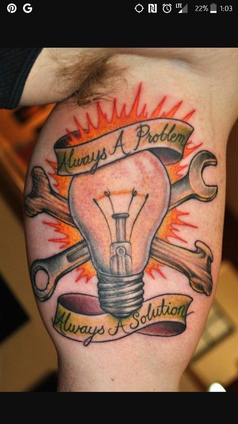 Electrician tattoos ❤ Electrician Tattoo Ideas, Electrician Tattoo, Trucker Tattoo, Mechanical Tattoo, Lightbulb Tattoo, Tool Tattoo, Famous Tattoo Artists, Mechanic Tattoo, Army Tattoos