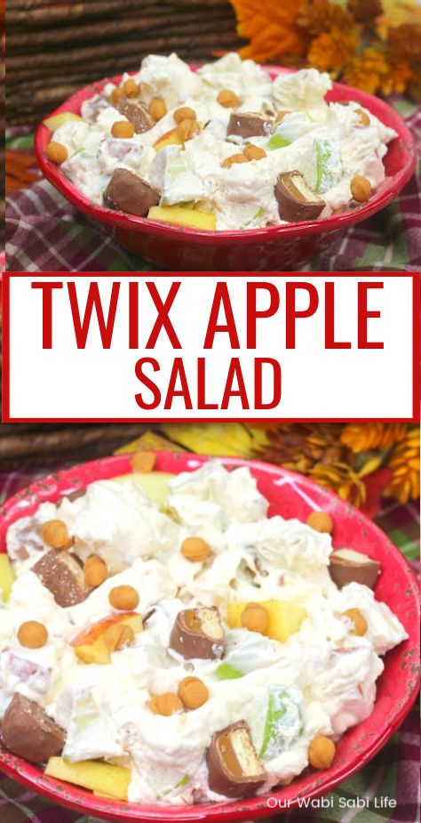 Twix Apple Salad is crunchy, sweet, tart, full of caramel and cool whip. If you are looking for the perfect cool treat that is great any time of the year, then this is that recipe. Believe me, you won't be able to stop at just one serving! Twix Salad, Fluff Salad Recipes, Fluff Salad, Apple Salad Recipes, Salad Cream, Fluff Desserts, Jello Salad, Apple Salad, Sweet Tart