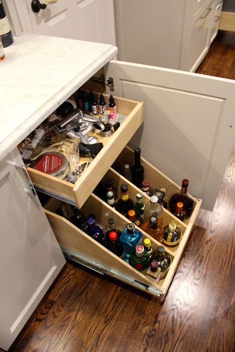 Pull-out bar drawers Bar Pull Out Drawers, Small Dry Bar Nook, Bar Drawers Cabinets, Liquor Cabinet Built In Bar Ideas, Bar Cabinet Drawer Ideas, Pull Out Liquor Drawer, Built In Bars For Home, Alcohol Organization Ideas, Bar Drawers