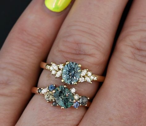 Sapphire Engagement Rings, Future Engagement Rings, Teal Sapphire, Cluster Engagement Ring, Alternative Engagement Rings, September 21, Engagement Ring Cuts, Custom Ring Designs, Ring Ideas