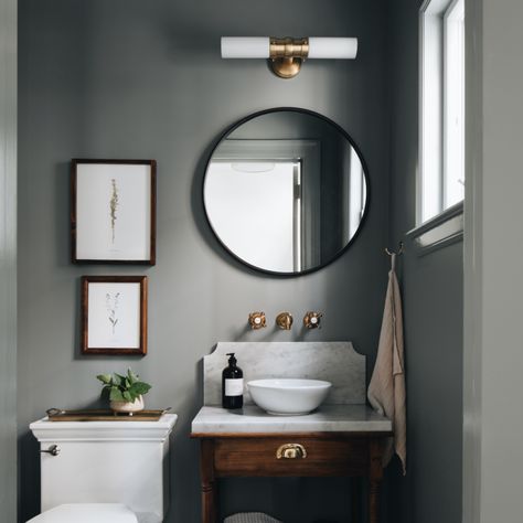 Powder Room Paint, Small Half Bathroom, Dark Gray Bathroom, Half Bathroom Remodel, Half Bathroom Decor, Dark Bathrooms, Double Bath, Powder Room Design, Bathroom Paint Colors