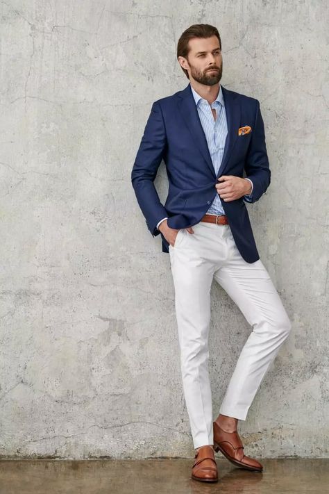 White Pants Blue Blazer, Light Blue Suit Cream Pants Mens, White Shirt Blue Pants Men Formal, Blue Blazer White Pants Men, Men’s White Linen Trousers Outfit, Blue Blazer Men, Dark Blue Blazer, Light Blue Pants, Wedding Fits