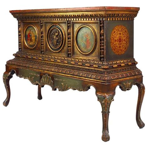 Italian Renaissance style polychromed and parcel-gilt chest on stand with round painted panels and faux marble-top (late 19th century). 19th Century Furniture, Renesance Room, Italian Baroque Interior, Pillar Design Interior, Italian Rennaisance, Antique Furniture Victorian, Italian Furniture Living Room, Roccoco Bed, Italian Antiques