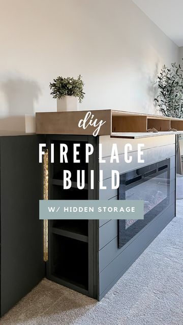 Amanda Vernaci | Come Stay Awhile on Instagram: "How to build a completely custom fireplace for under $400! WITH HIDDEN STORAGE 🤫👏🏼 . The full tutorial is now LIVE on the blog with instructions and my materials list for this DIY fireplace build. Linked in my bio! . I wanted to build something that would cozy up our bedroom but still remain functional with some storage and BAM💥 this DIY build was born! I built the entire thing around the 48” Sierra fireplace insert from @dimplex_northamerica Modern Fireplace Storage, Diy Fireplace Small Living Room, Asymmetrical Fireplace Wall Built Ins, Mantle On Wall No Fireplace, Cabinet For Fireplace Insert, Fake Fireplace With Storage, Homemade Fireplace Diy, Drawers Under Fireplace, Built In Electric Fireplace With Storage