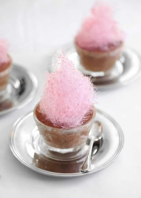 Any day is a good day for chocolate mousse topped with fluffy pink spun sugar. Dessert Garnish, Spun Sugar, Bowl Cake, Naked Cakes, Sugar Free Recipes, Chocolate Mousse, Homemade Chocolate, Decadent Desserts, Wedding Food