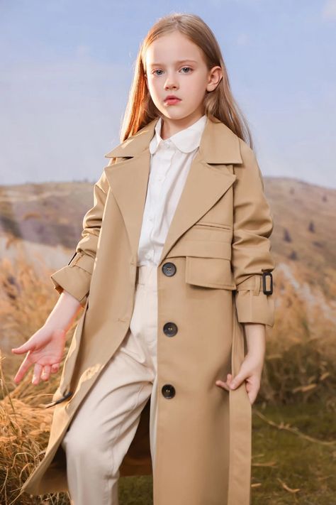 Classic British style wrap coat for girls, mid-length double-breasted dress coats with adjustable belt design. #trench_coats Single Breasted Trench Coat, Classic British Style, Dress Coats, Double Breasted Dress, Belt Design, Wrap Coat, Adjustable Belt, Trench Coats, British Style