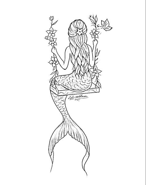 Linework Mermaid Tattoo, Mermaid Tattoo Stencil Outline, Mermaid And Flower Tattoo, Mermaid Line Art Tattoo, Mermaid Tattoo Designs Sketches, Mermaid Tattoo Drawing, Mermaid Line Art, Small Mermaid Tattoo, Mermaid Outline