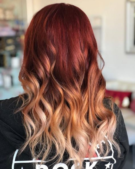 27 Blazing Hot Red Ombre Hair Color Ideas in 2019 Blond Hair With Fun Colors, Bright Ombre Hair, Ombre Hair Color Red, Blonde To Red Ombre Hair, Red Color Melt Hair, Brown Red Blonde Balayage, Red And Blonde Ombre, Ombré Red Hair, Red To Blonde Ombre Hair